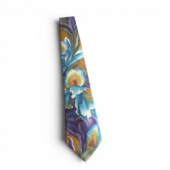 Vintage Bugatti Men’s 100% Italian Silk Tie Floral Iris Abstract Teal Purple Y2K - Picture 3 of 6